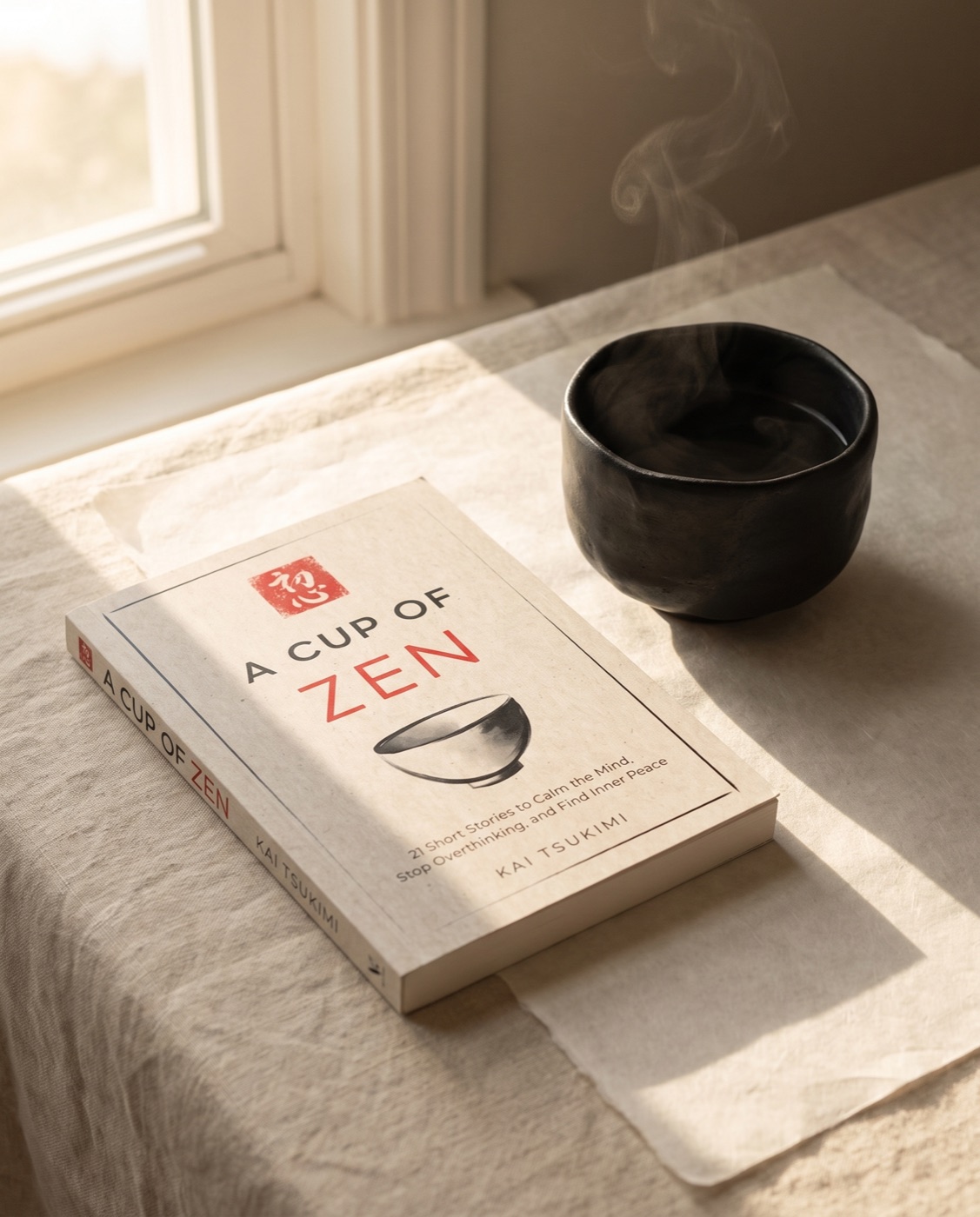 A Cup of Zen paperback beside a steaming black tea bowl in morning light